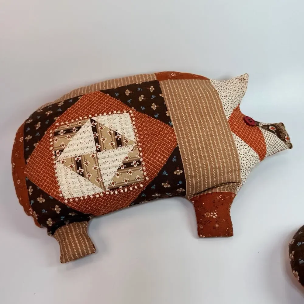Set 2 Handmade Calico Plush Stuffed Pig Pillows Granny Cottage Brown Ornage 80s